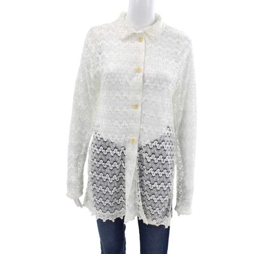 Muze Womens Cropped Lace Denim Cotton Collared Long Sleeve Button Blouse Size S